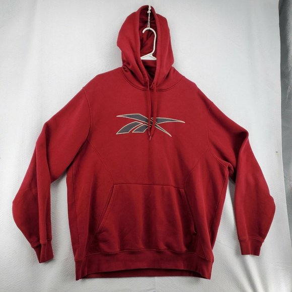 REEBOK Shirt Men's Long Sleeve Hooded Pullover Sweatshirt Drawstring Red XL - Picture 2 of 12